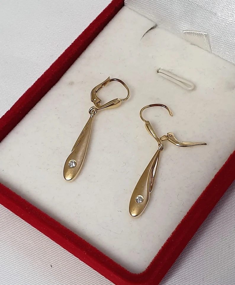 Nostalgische Ohrringe Ohrhänger Gold 585 Gelbgold matt/ glänzend Diamantsteinchen Vintage elegant OR102