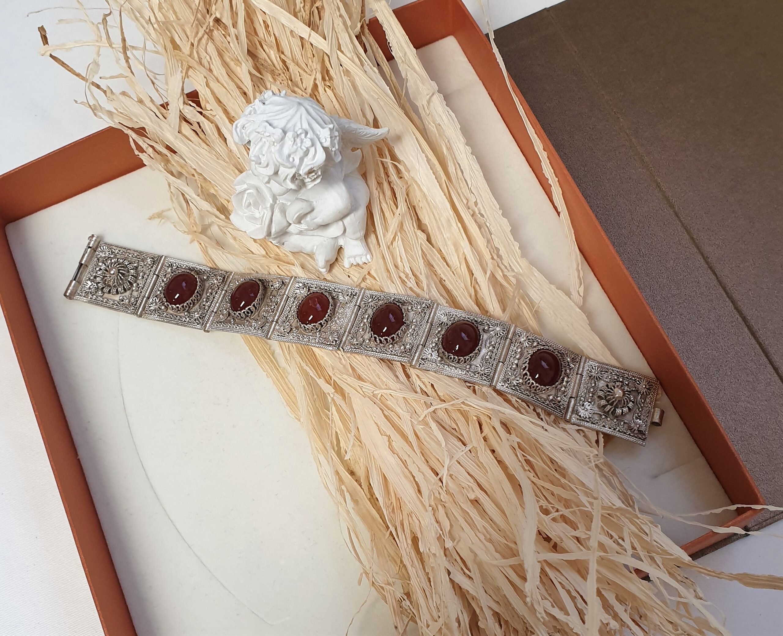 17,5 cm Shabby Vintage Armband Gliederarmband Silber 900 Karneol Silberschmiede Kunst selten rar SA337