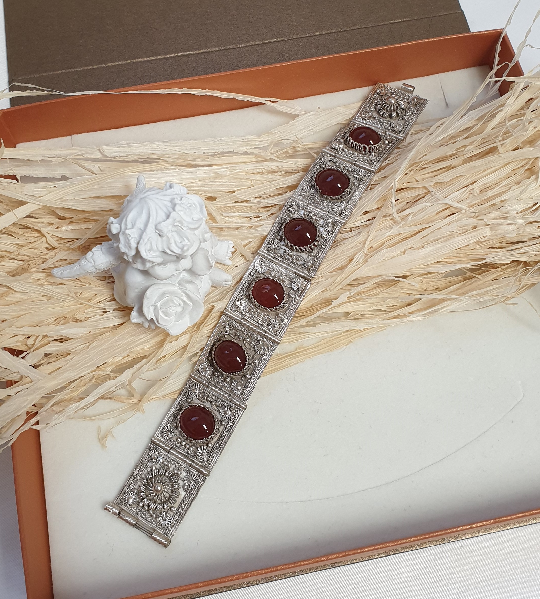 17,5 cm Shabby Vintage Armband Gliederarmband Silber 900 Karneol Silberschmiede Kunst selten rar SA337 – Bild 5