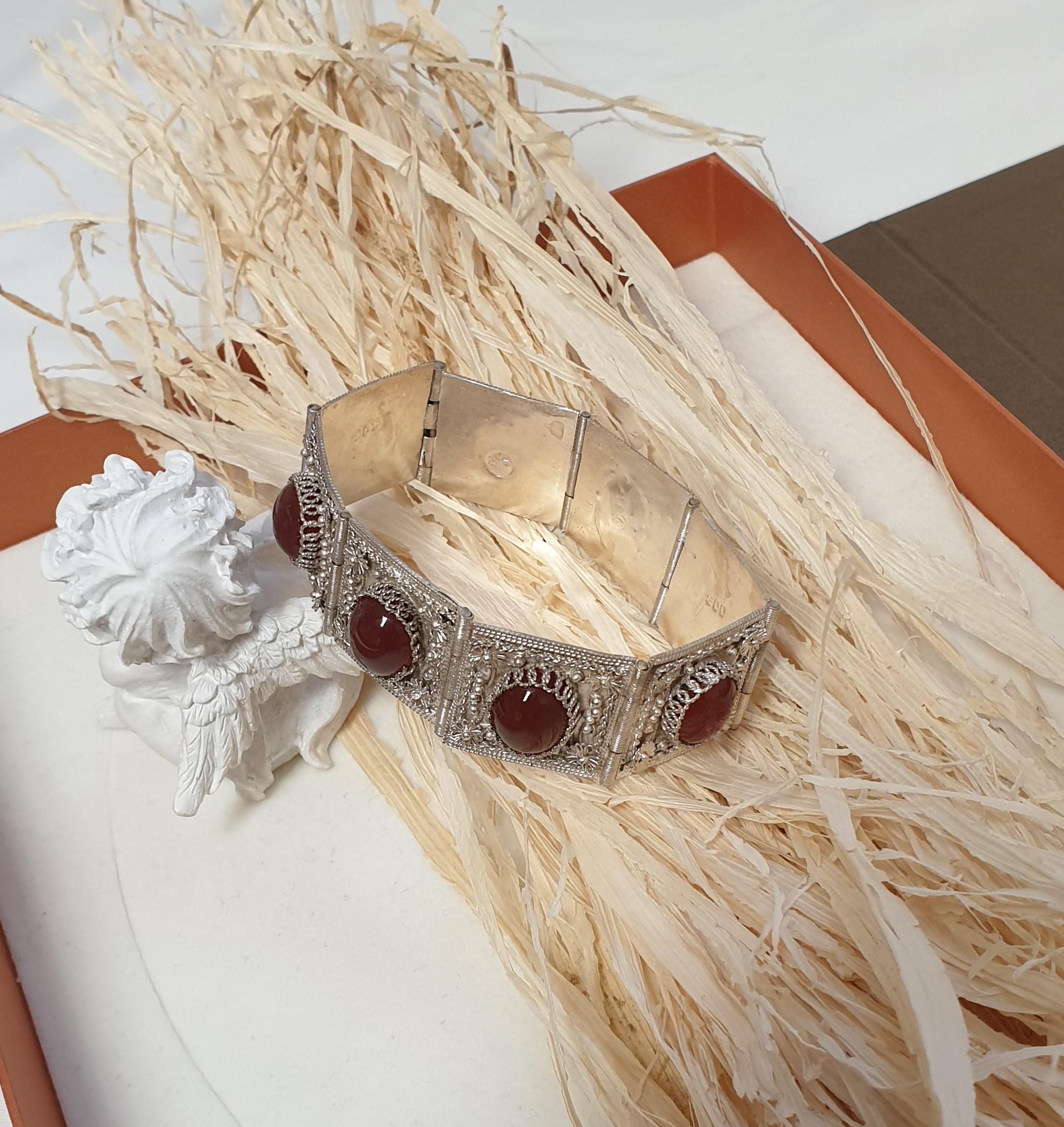 17,5 cm Shabby Vintage Armband Gliederarmband Silber 900 Karneol Silberschmiede Kunst selten rar SA337 – Bild 4