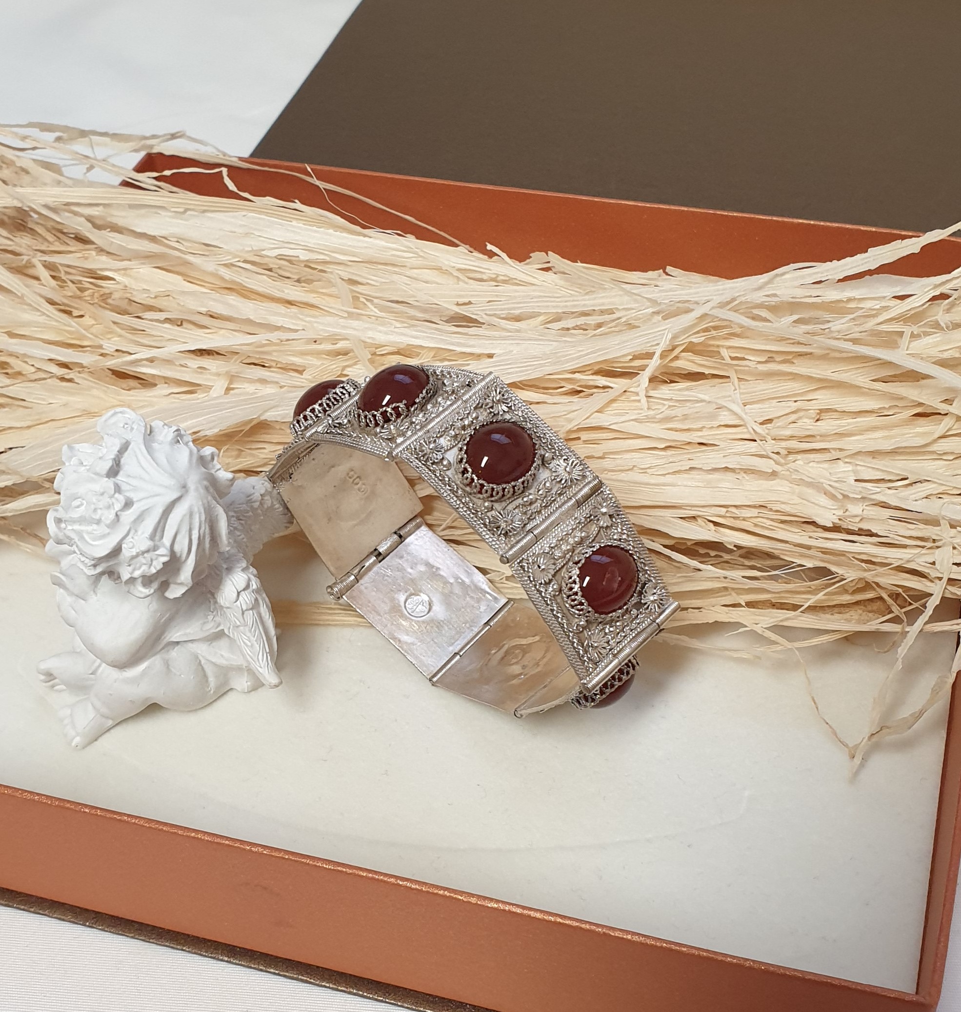 17,5 cm Shabby Vintage Armband Gliederarmband Silber 900 Karneol Silberschmiede Kunst selten rar SA337 – Bild 2