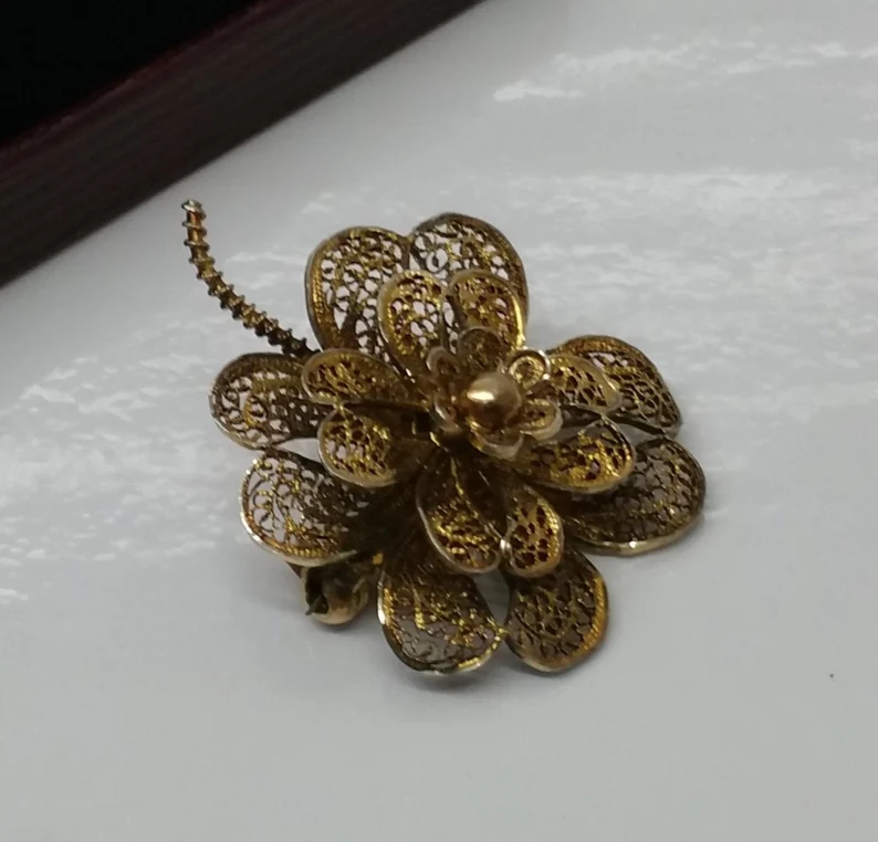 Brosche Anstecknadel filigran Silber 833 vergoldete Blüte Blume Shabby Vintage SB223 – Bild 4