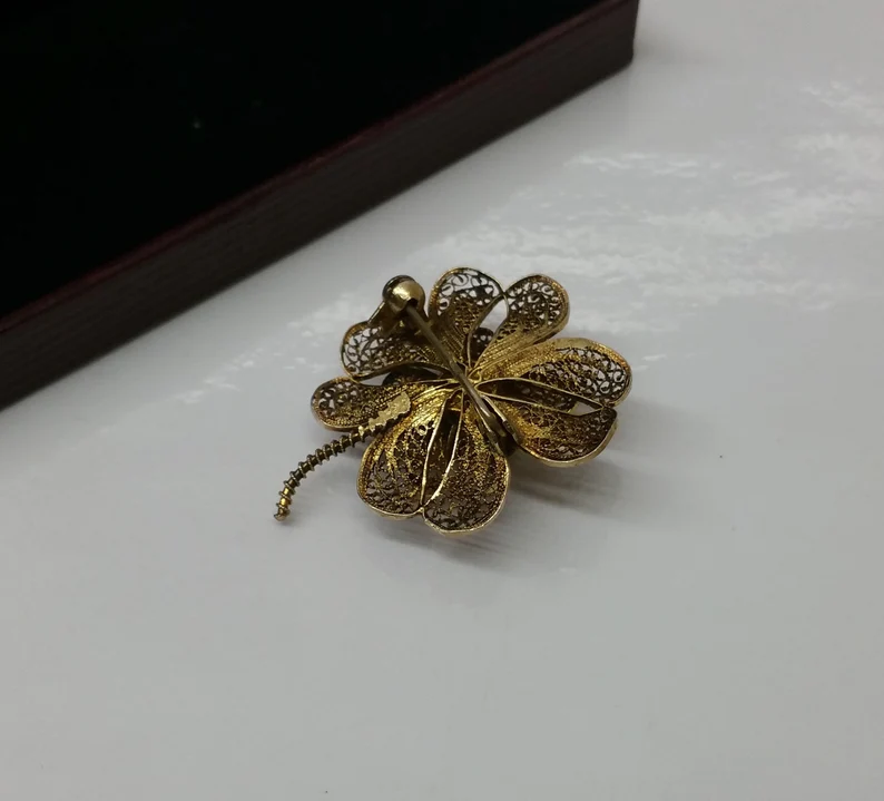 Brosche Anstecknadel filigran Silber 833 vergoldete Blüte Blume Shabby Vintage SB223 – Bild 2