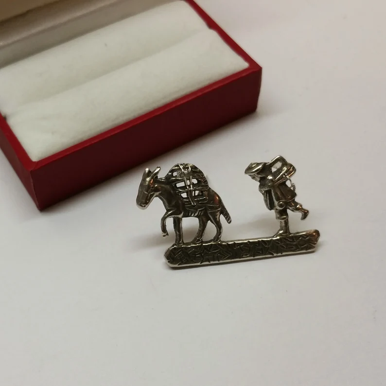 Brosche Anstecknadel Silber 900 Esel Lasttier Mann Unikat selten Vintage SB245 – Bild 3