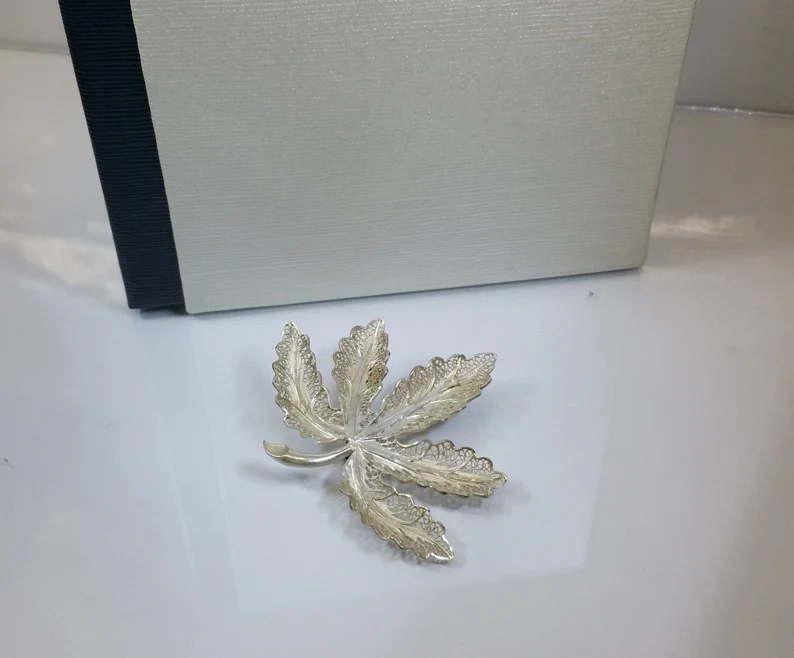 Brosche Anstecknadel Silber 925 Blatt Shabby Vintage elegant selten rar filigran Silberschmied Kunst SB211