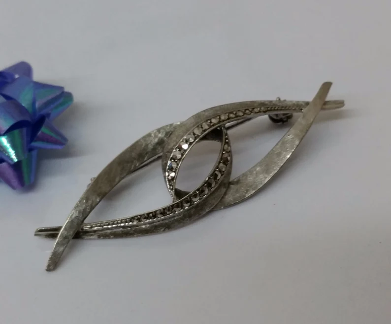 Brosche Anstecknadel Markasiten Silber 935 Shabby Vintage selten rar SB175 – Bild 3