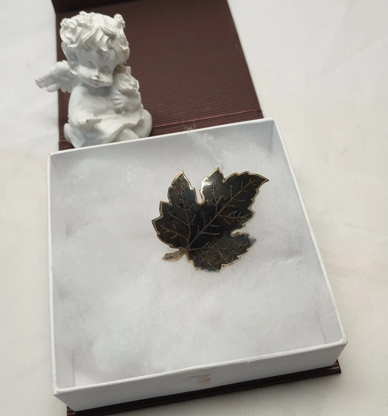 Vintage Brosche Anstecknadel Blatt Siam Sterling Silber 925 Niello Emaille schwarz SB382 – Bild 4