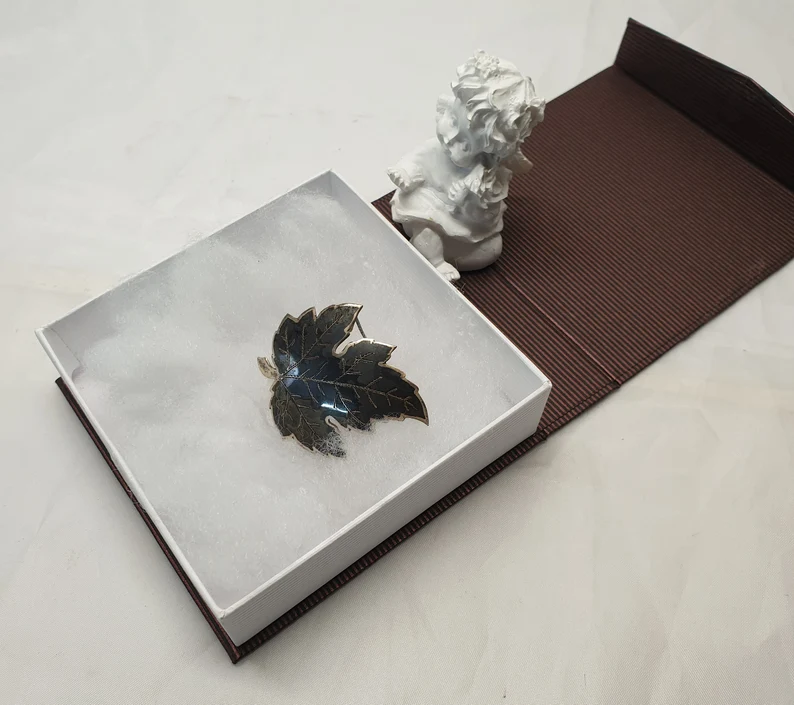 Vintage Brosche Anstecknadel Blatt Siam Sterling Silber 925 Niello Emaille schwarz SB382 – Bild 2