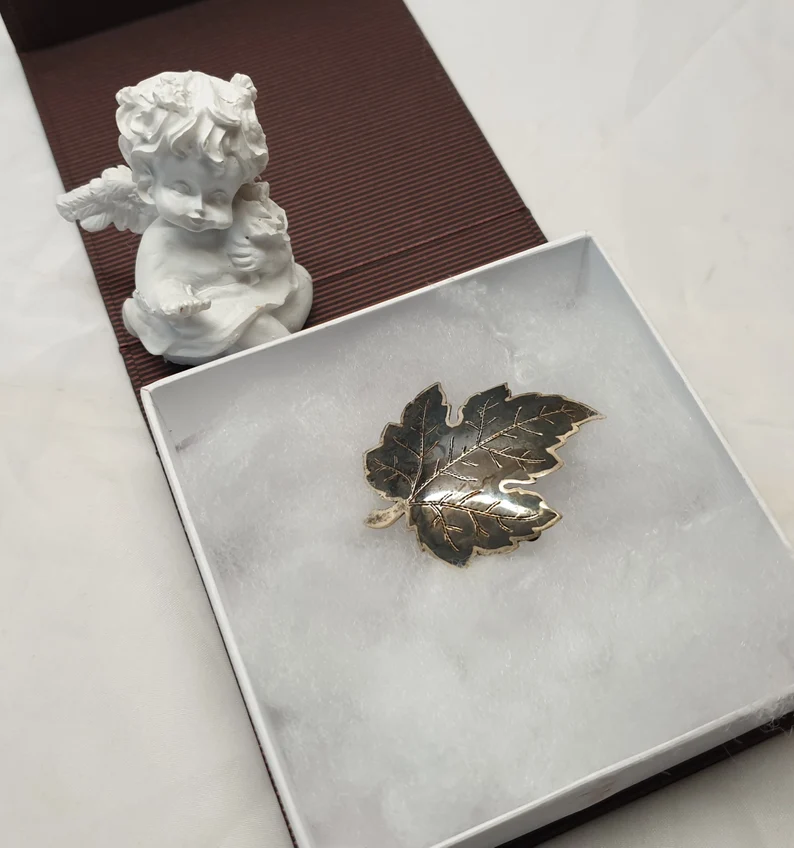 Vintage Brosche Anstecknadel Blatt Siam Sterling Silber 925 Niello Emaille schwarz SB382