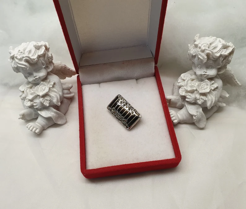 Shabby Vintage Brosche Anstecknadel Silber 925 Emaille schwarz Markasiten SB409 – Bild 3