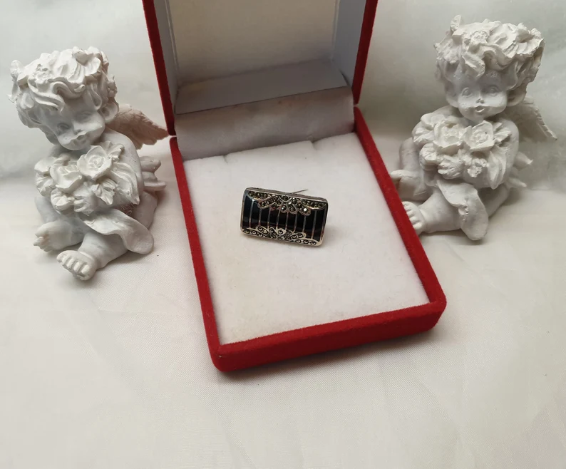 Shabby Vintage Brosche Anstecknadel Silber 925 Emaille schwarz Markasiten SB409 – Bild 2