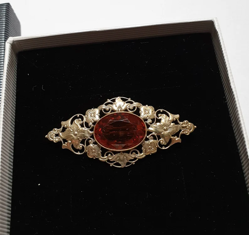 Shabby Vintage Art Deco Anstecknadel Brosche Silber Kristall Farbstein orange Design floral Blumen Nostalgie SB180 – Bild 4