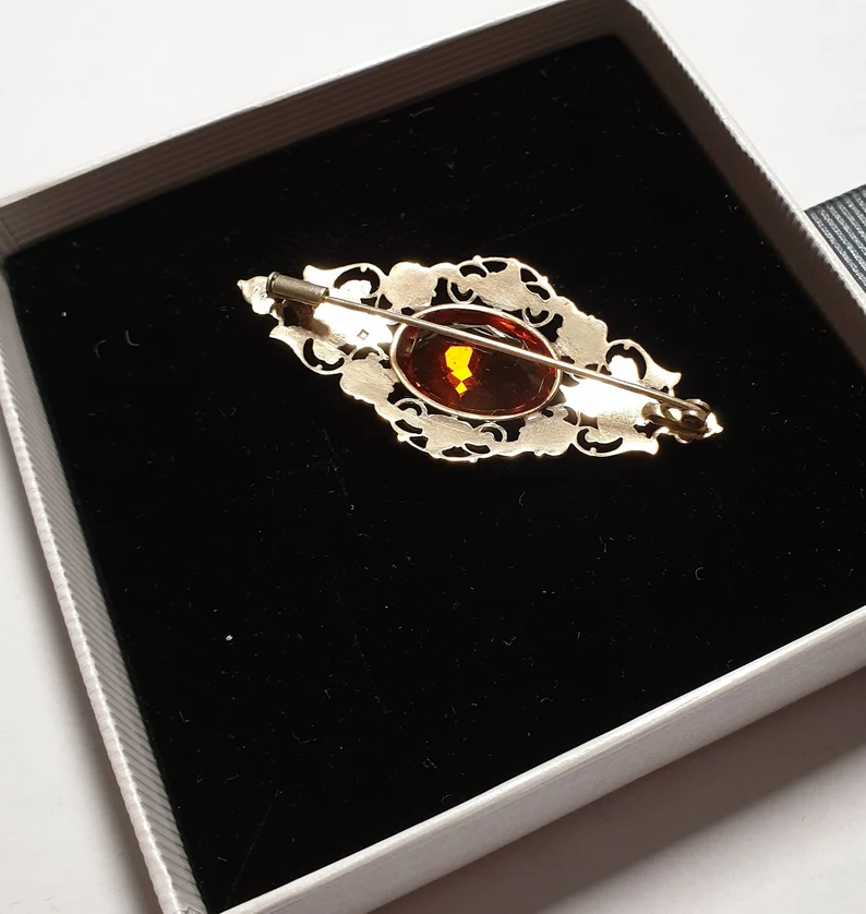 Shabby Vintage Art Deco Anstecknadel Brosche Silber Kristall Farbstein orange Design floral Blumen Nostalgie SB180 – Bild 3
