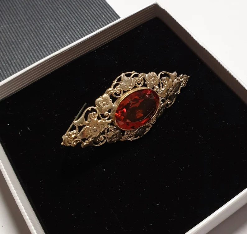 Shabby Vintage Art Deco Anstecknadel Brosche Silber Kristall Farbstein orange Design floral Blumen Nostalgie SB180 – Bild 2