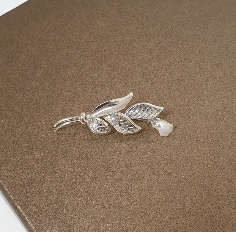 Nostalgische Brosche Anstecknadel Silber 835 Keshi Perle Blume floral Shabby Vintage SB381 – Bild 4