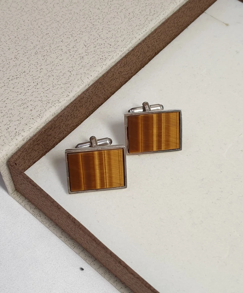 Elegante Manschettenknöpfe Cufflinks Silber 835 Tigerauge Vintage MS405 – Bild 4