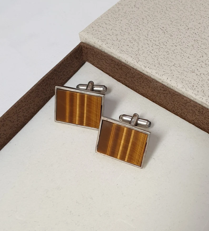 Elegante Manschettenknöpfe Cufflinks Silber 835 Tigerauge Vintage MS405 – Bild 3