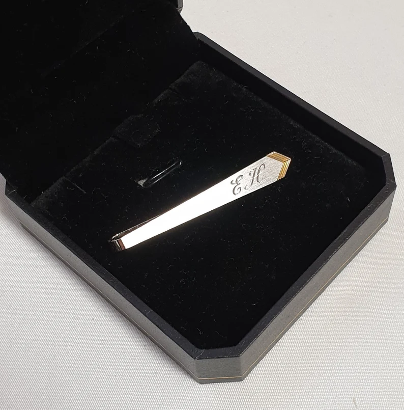 Krawattenklammer Klemme Krawattennadel Silber 835 teilvergoldet Gravur Buchstaben Initialen "EH" Vintage elegant KN201 – Bild 5