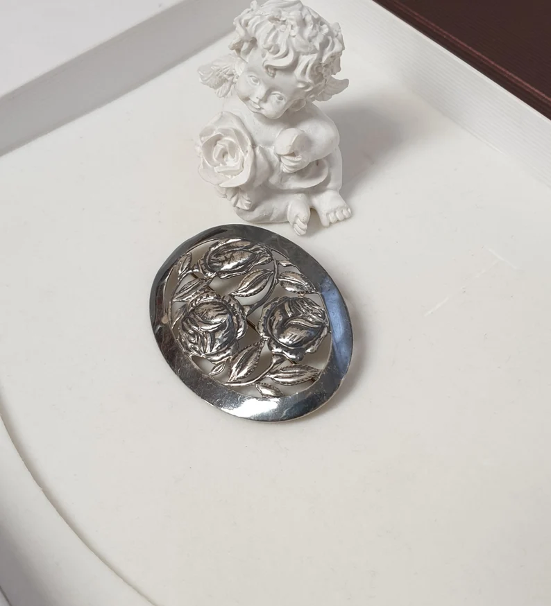 Shabby Vintage nostalgische Brosche Anstecknadel Handarbeit Silber 900 Design Rosen floral Unikat SB283 – Bild 4