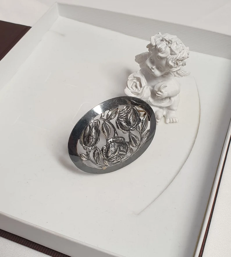 Shabby Vintage nostalgische Brosche Anstecknadel Handarbeit Silber 900 Design Rosen floral Unikat SB283