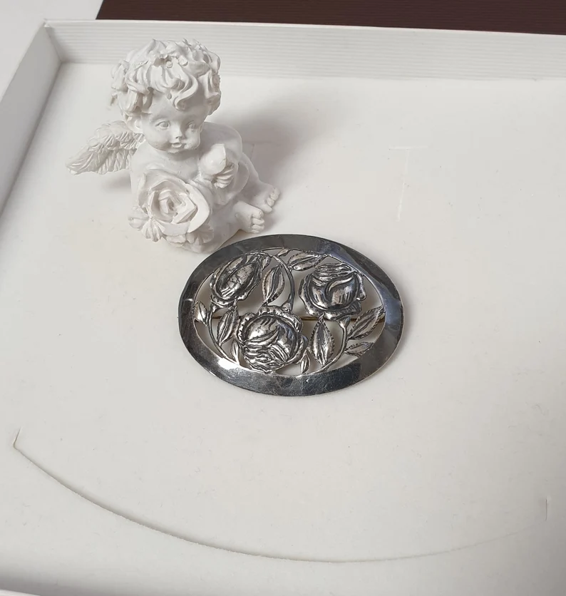 Shabby Vintage nostalgische Brosche Anstecknadel Handarbeit Silber 900 Design Rosen floral Unikat SB283 – Bild 2