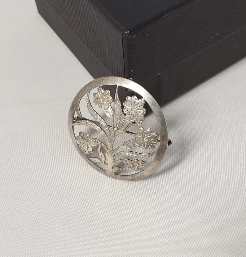 Brosche Anstecknadel Shabby Vintage Silber 800 Blumen floral Handarbeit Unikat selten rar SB284 – Bild 4