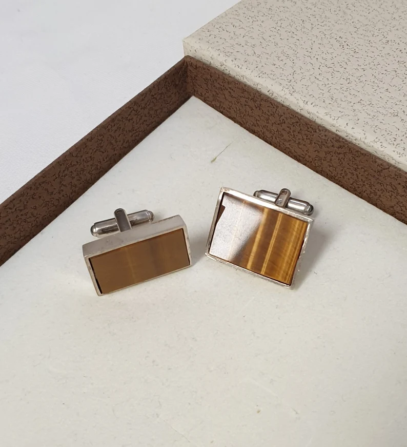 Elegante Manschettenknöpfe Cufflinks Silber 835 Tigerauge Vintage MS405 – Bild 2