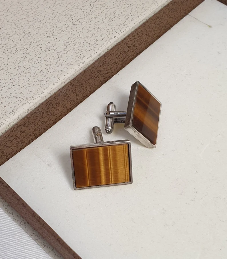 Elegante Manschettenknöpfe Cufflinks Silber 835 Tigerauge Vintage MS405