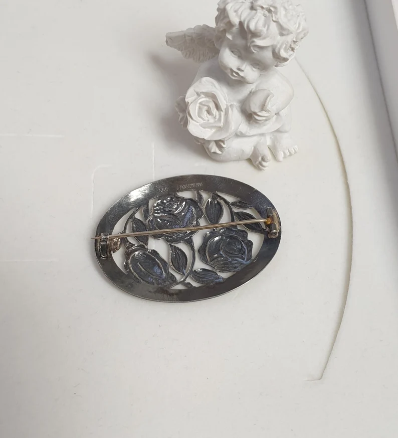 Shabby Vintage nostalgische Brosche Anstecknadel Handarbeit Silber 900 Design Rosen floral Unikat SB283 – Bild 3