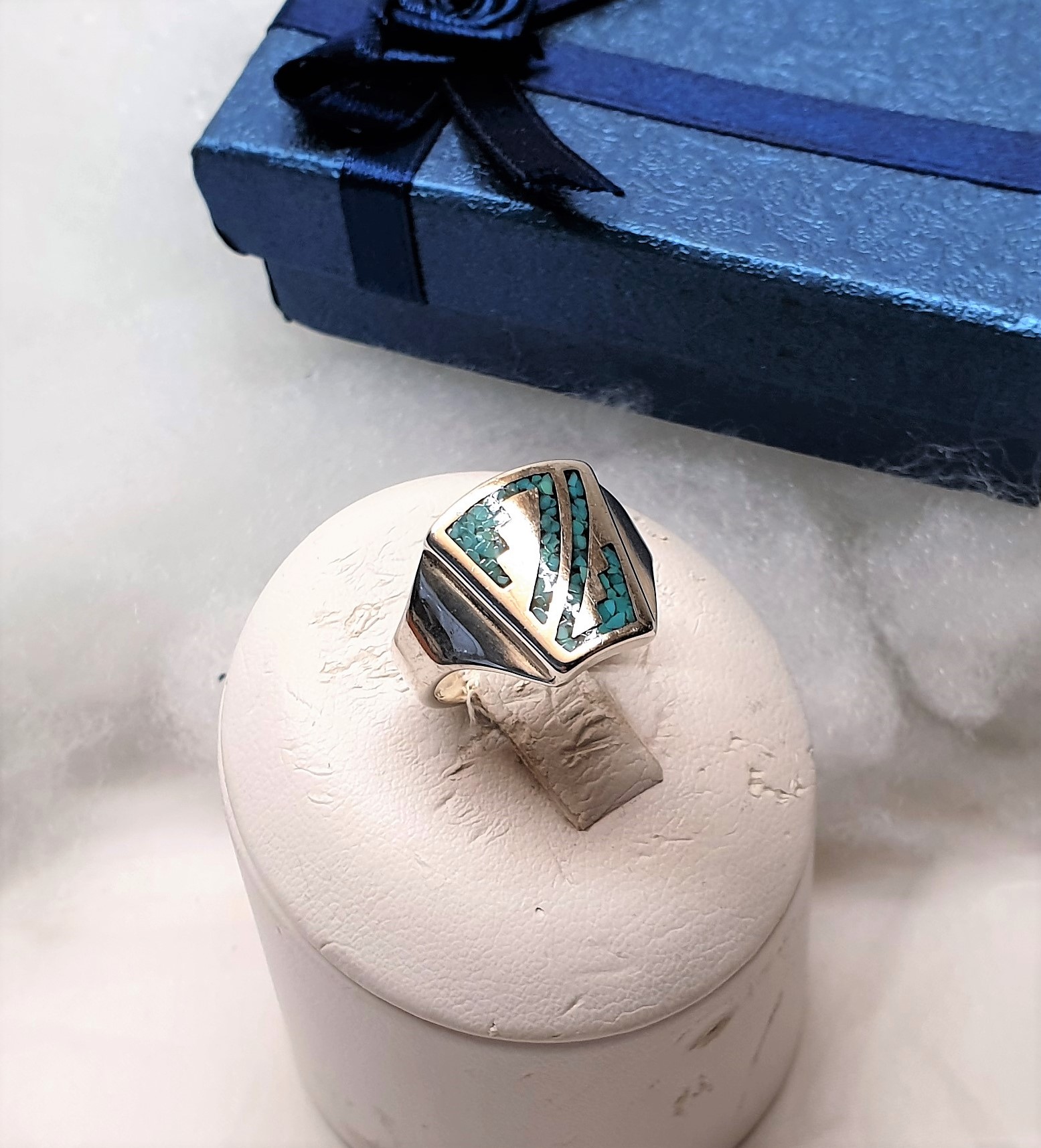 17,5 mm Design Vintage Silberring Ring Silber 925 Türkis Chips Einlegearbeit selten rar SR1104 – Bild 4