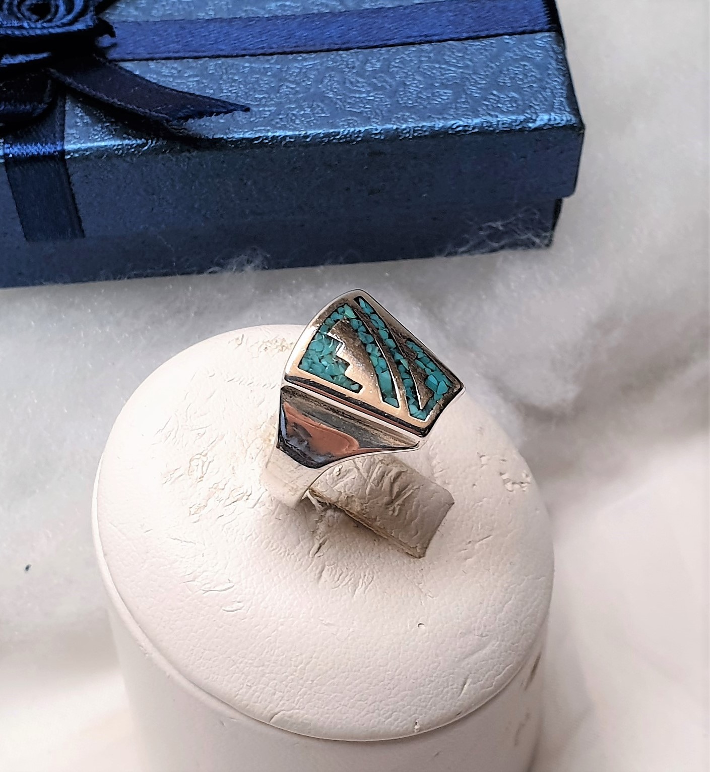 17,5 mm Design Vintage Silberring Ring Silber 925 Türkis Chips Einlegearbeit selten rar SR1104 – Bild 3