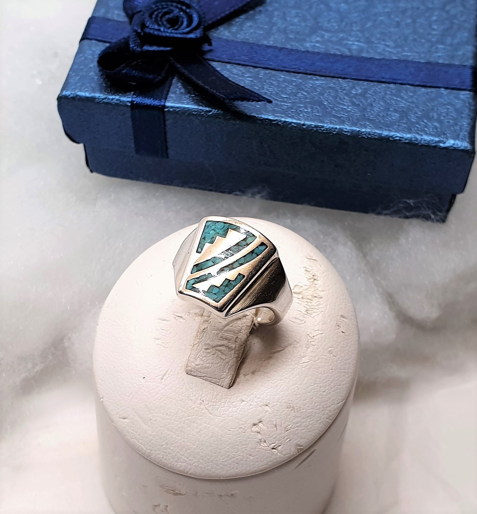 17,5 mm Design Vintage Silberring Ring Silber 925 Türkis Chips Einlegearbeit selten rar SR1104 – Bild 2