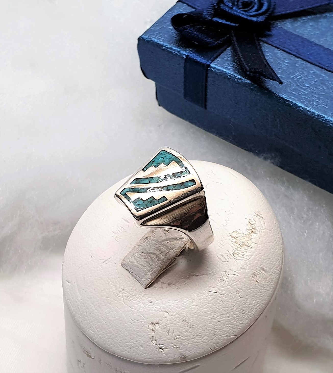 17,5 mm Design Vintage Silberring Ring Silber 925 Türkis Chips Einlegearbeit selten rar SR1104