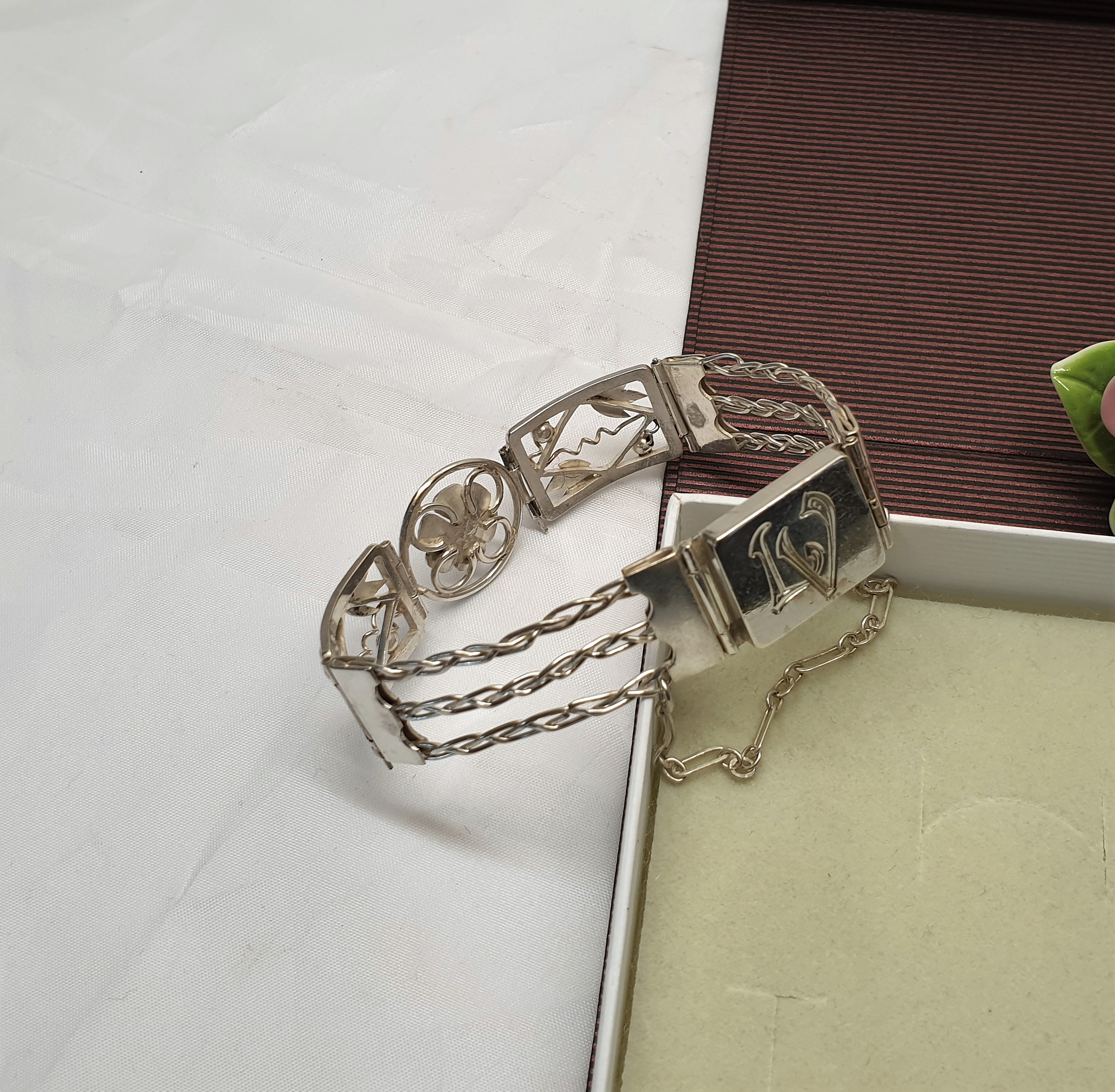 17 cm Antikes Armband Gliederarmband Silber filigran floral Nostalgie Initialen Buchstaben "LV" Silberschmiede Kunst SA605 – Bild 2