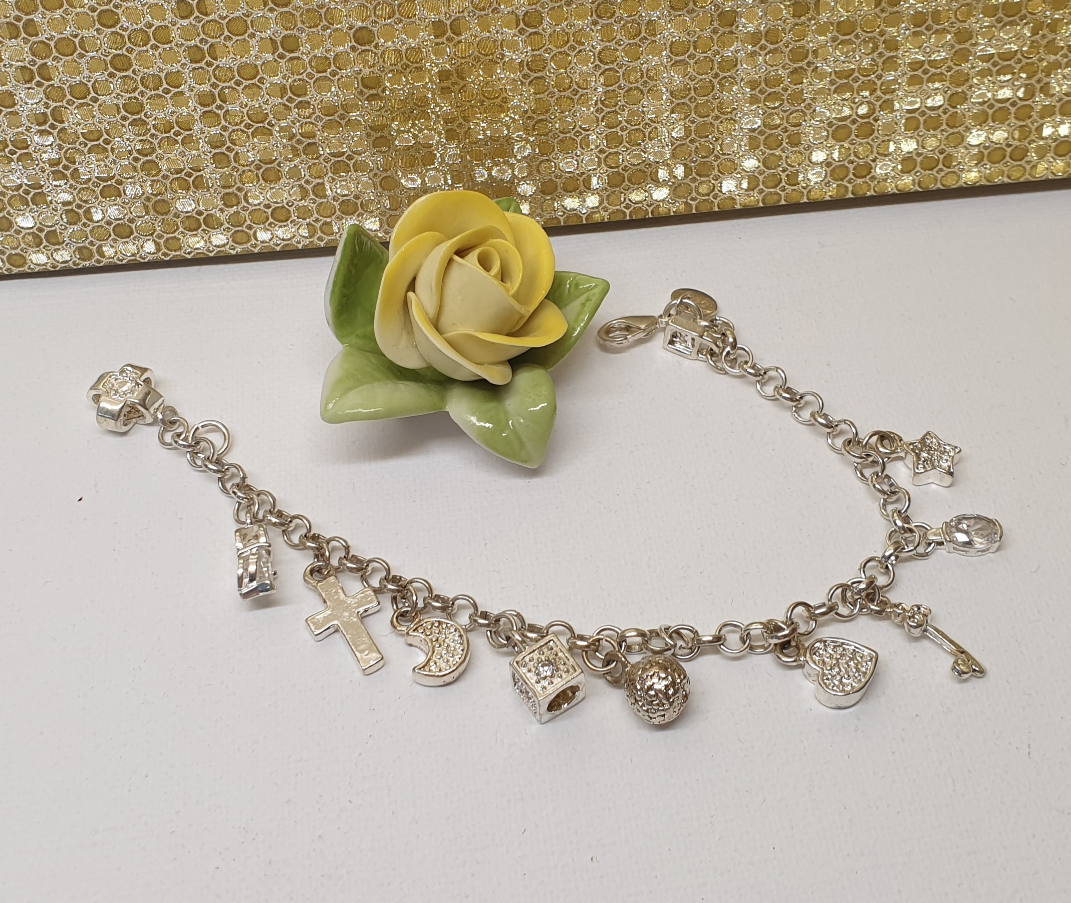 19 cm Armband Bettelarmband Silber 925 mit 10 Stück Charms Stern Mond Herz Kreuz Schlüssel Kugel Quadrat Kristalle Vintage SA639 – Bild 2