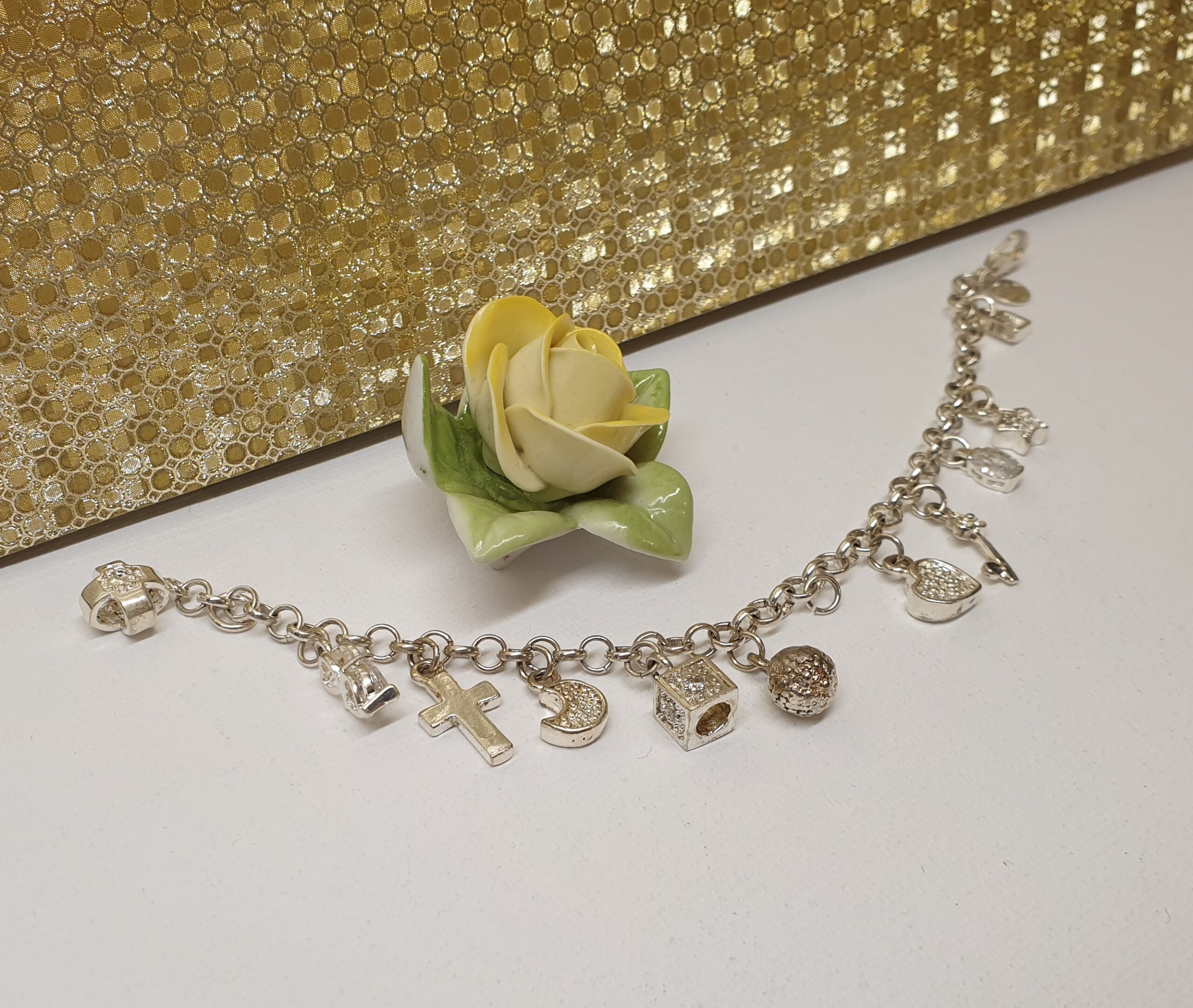 19 cm Armband Bettelarmband Silber 925 mit 10 Stück Charms Stern Mond Herz Kreuz Schlüssel Kugel Quadrat Kristalle Vintage SA639 – Bild 3