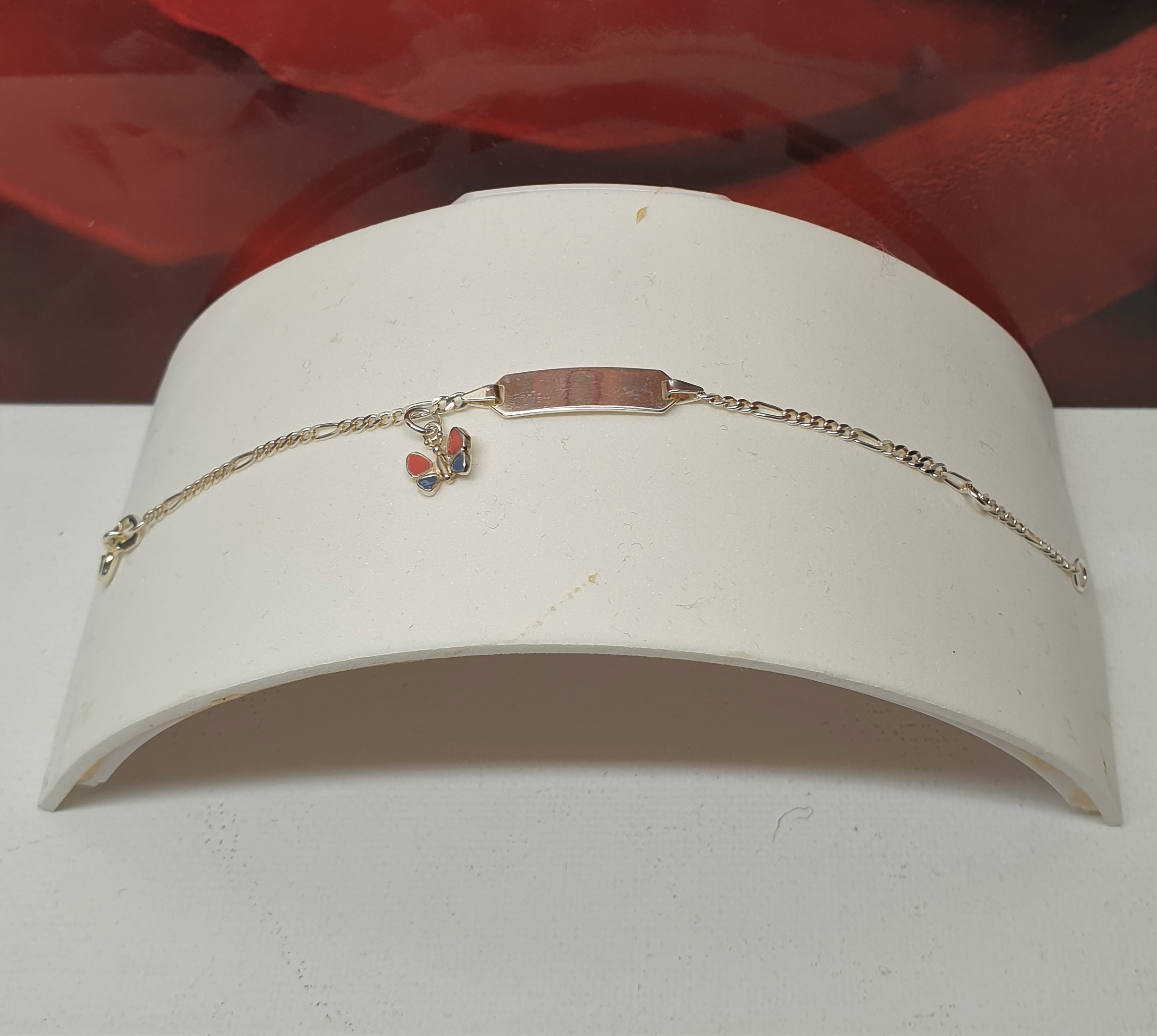 11 / 14 cm Armband Figaro Gliederarmband mit Gravurplatte und Anhänger Charm Schmetterling Silber 925 Emaille Vintage SA647 – Bild 4