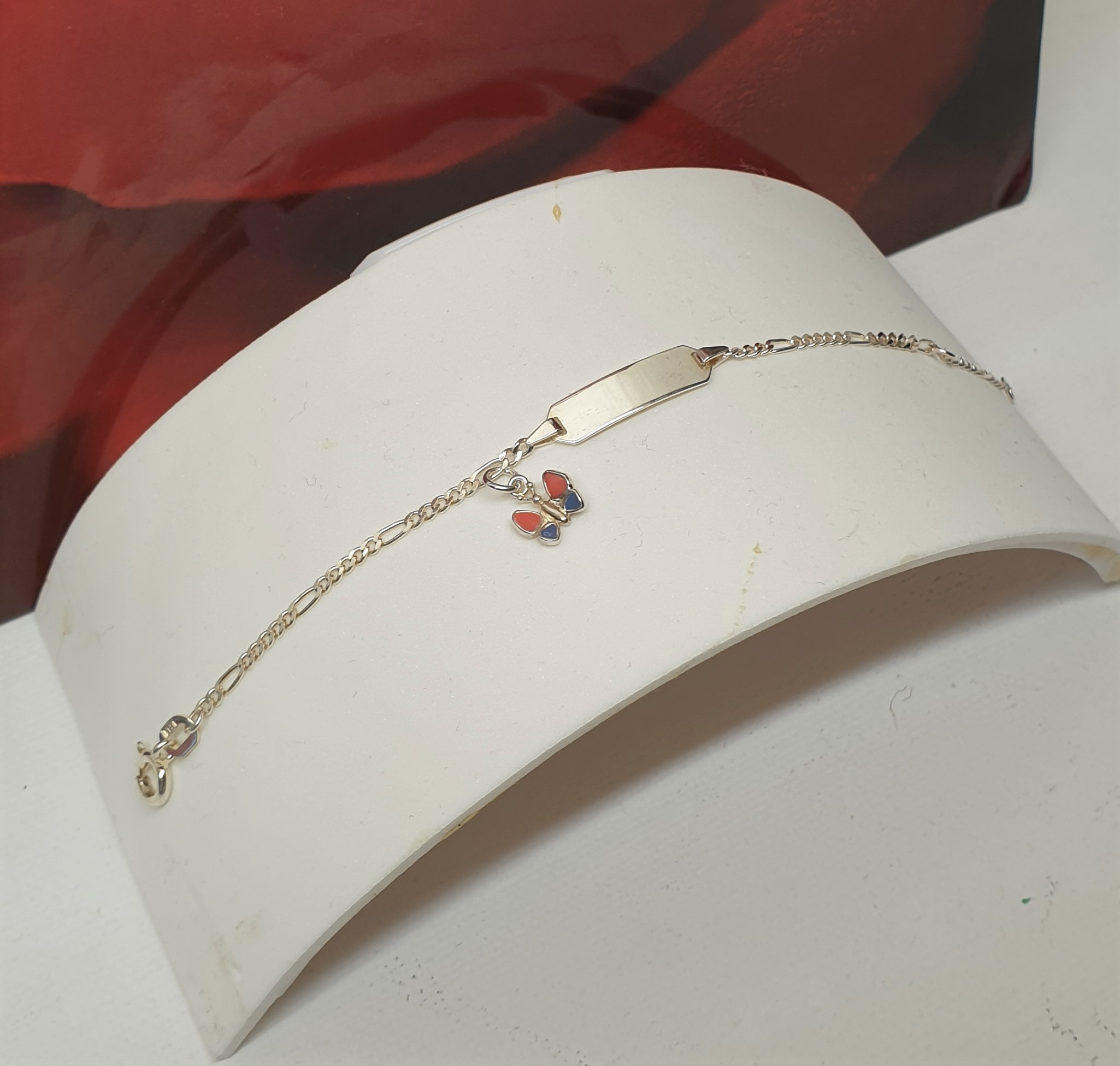 11 / 14 cm Armband Figaro Gliederarmband mit Gravurplatte und Anhänger Charm Schmetterling Silber 925 Emaille Vintage SA647 – Bild 3