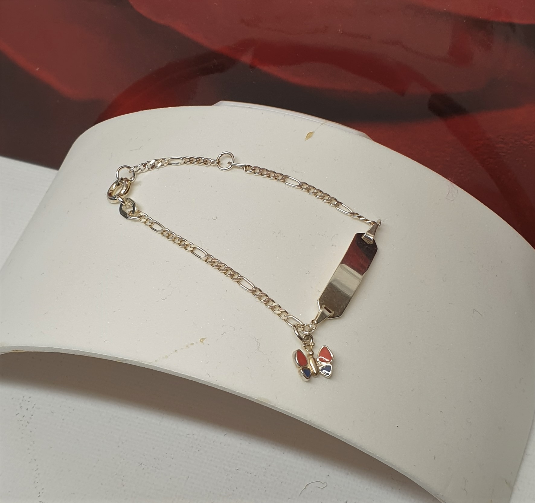 11 / 14 cm Armband Figaro Gliederarmband mit Gravurplatte und Anhänger Charm Schmetterling Silber 925 Emaille Vintage SA647 – Bild 2