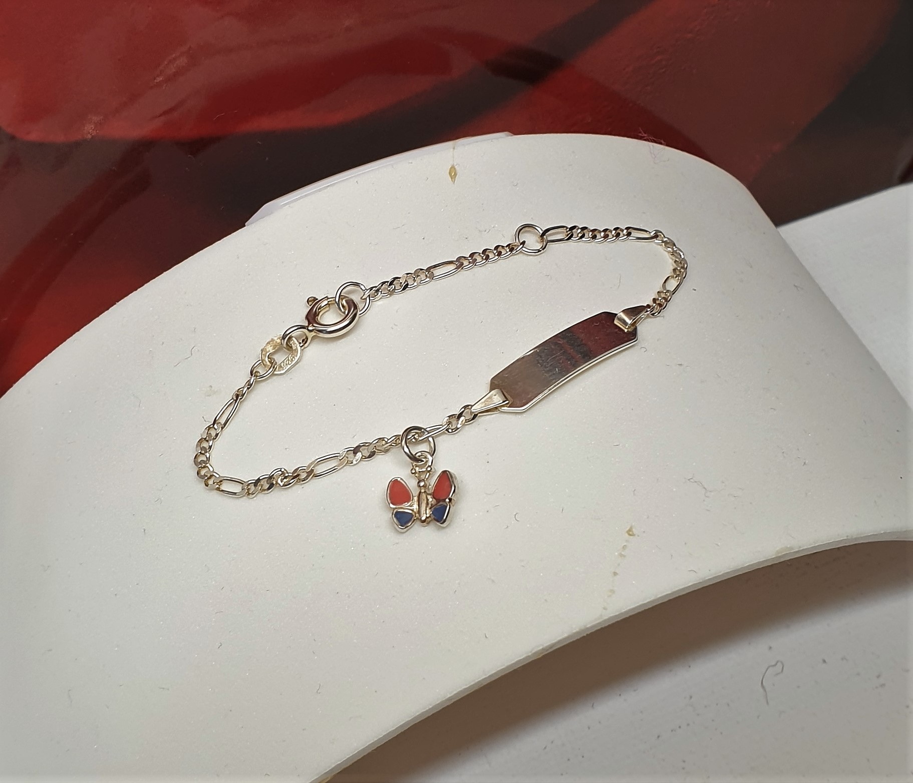 11 / 14 cm Armband Figaro Gliederarmband mit Gravurplatte und Anhänger Charm Schmetterling Silber 925 Emaille Vintage SA647