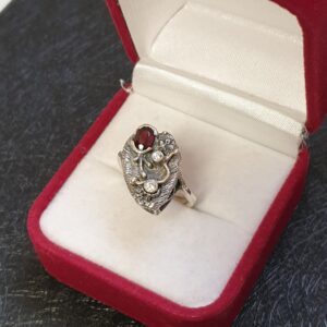 17,3 mm Nostalgischer Silberring Ring Silber 835 Granat & Kristalle klar Vintage Silberschmiede Kunst SR1116