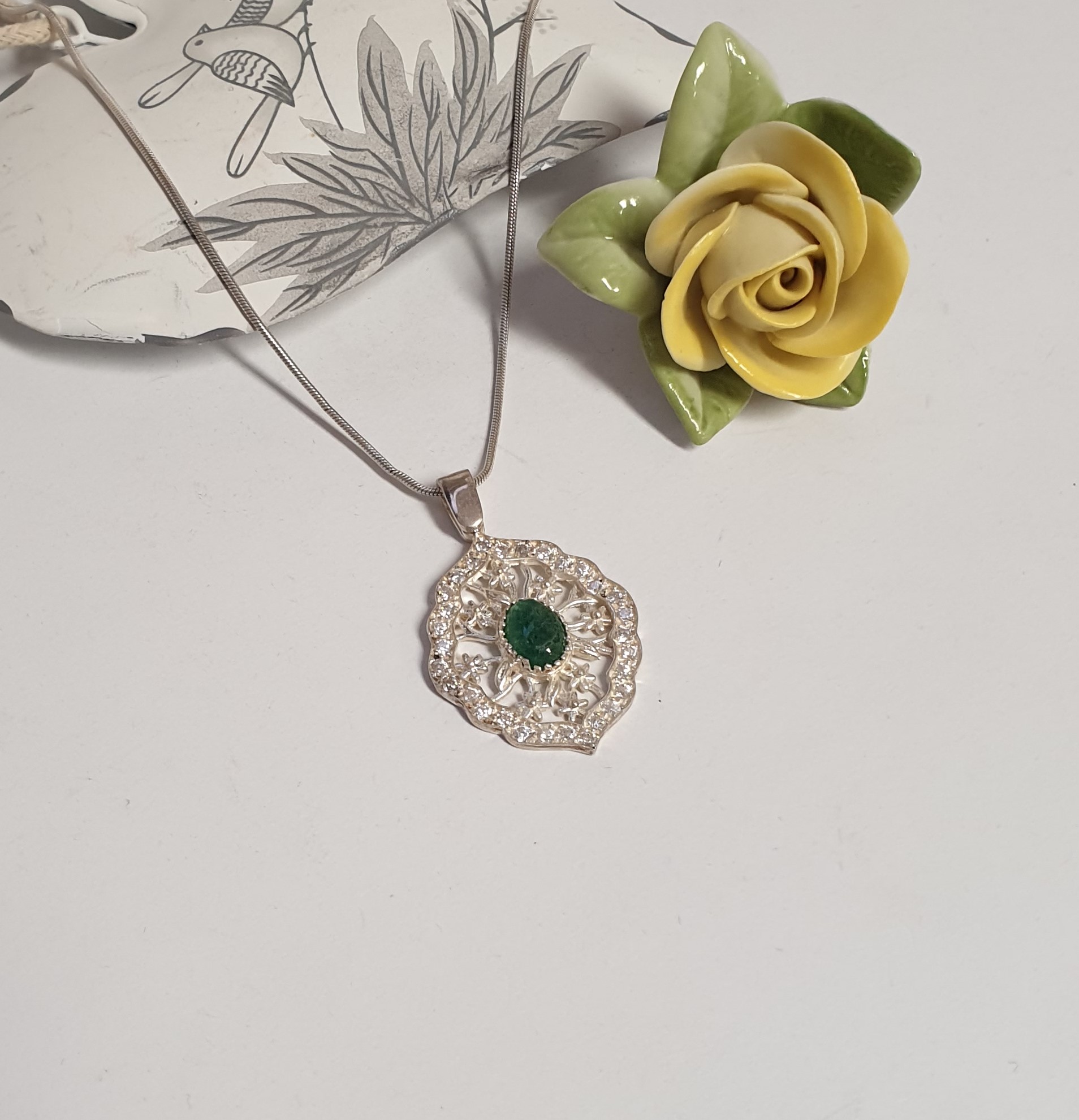 Nostalgischer Silberanhänger Anhänger 925 Kristall Stein grün & klar Vintage elegant SKA165 – Bild 2