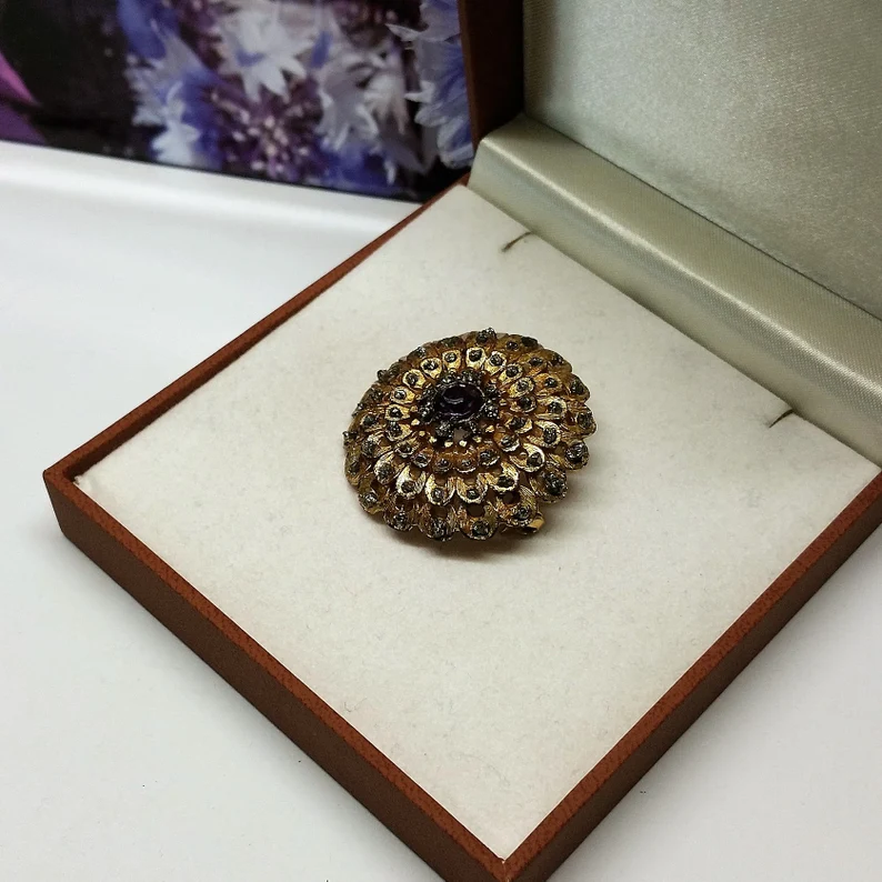 Art Deco Brosche Anstecknadel Silber 800 vergoldet Pyrit lila Kristall Shabby Vintage SB333 – Bild 4