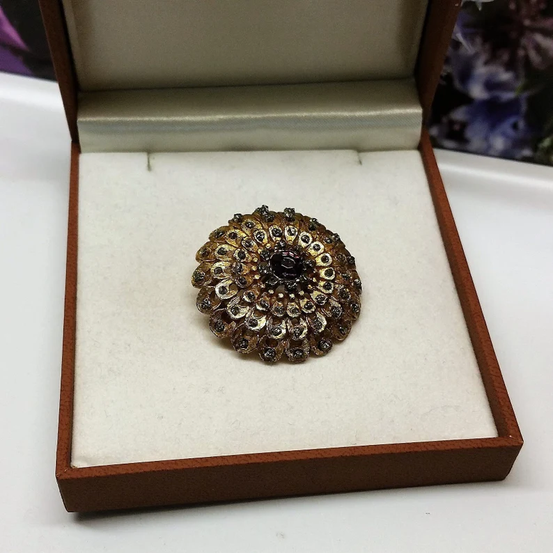 Art Deco Brosche Anstecknadel Silber 800 vergoldet Pyrit lila Kristall Shabby Vintage SB333