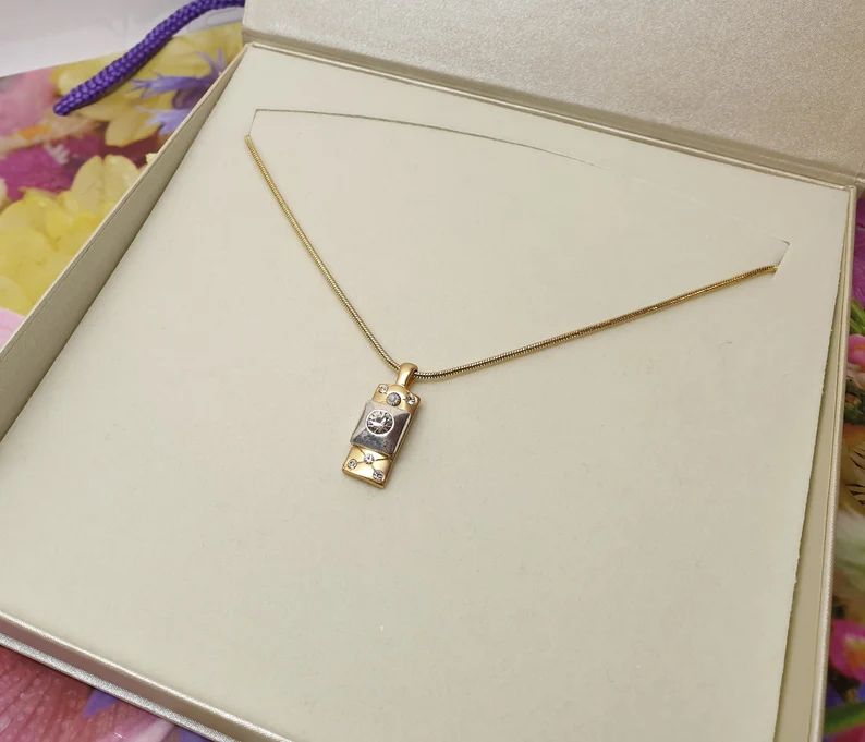 48,5 cm Modeschmuck Kette Halskette Schlangenkette mit Anhänger vergoldet Kristalle klar Vintage elegant MK100 – Bild 3