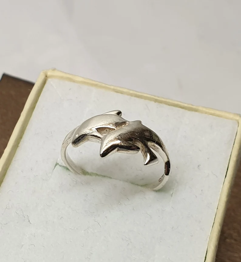 18 mm Ring Silberring Silber 925 Delphine Delphinpaar Glücksbringer Vintage SR1239