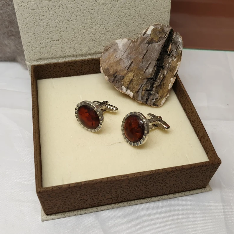 Manschettenknöpfe Cufflinks Silber 835 Bernstein Vintage nostalgisch edel MS249 – Bild 4