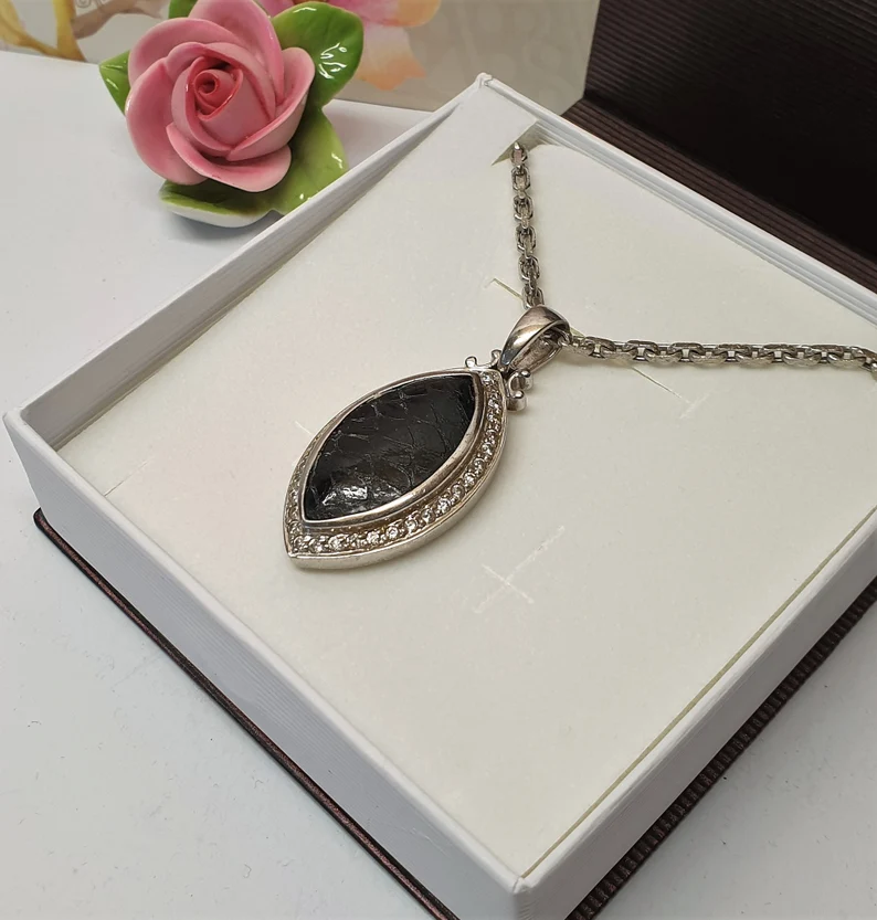 Anhänger Silberanhänger Silber 925 Leder Einlage schwarz & Kristalle klar Vintage edel SKA1558 – Bild 3