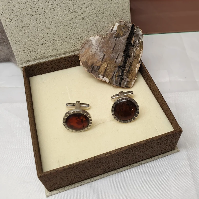 Manschettenknöpfe Cufflinks Silber 835 Bernstein Vintage nostalgisch edel MS249 – Bild 3