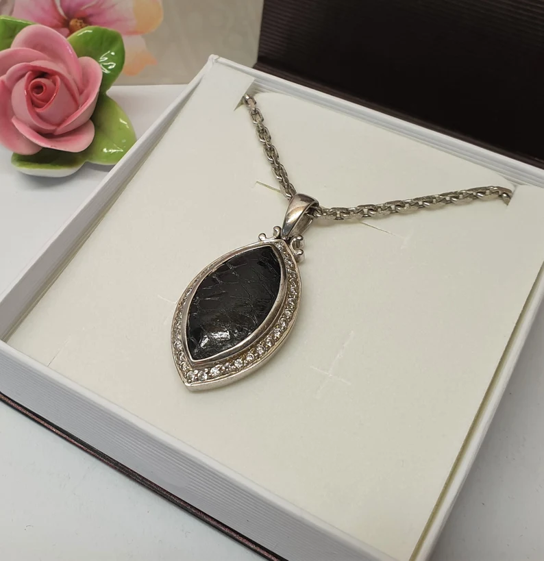 Anhänger Silberanhänger Silber 925 Leder Einlage schwarz & Kristalle klar Vintage edel SKA1558 – Bild 2